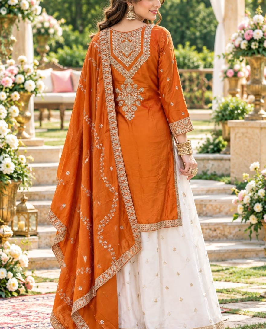 2205 - Orange Chinon Readymade Salwar Suit with Embroidered Work